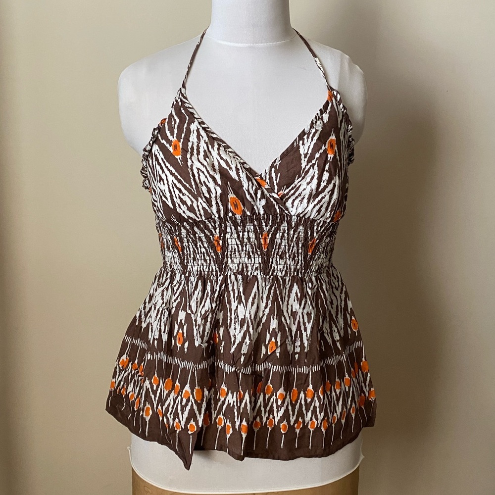 Brown and Orange Printed Halter Top with Ruffle Trim